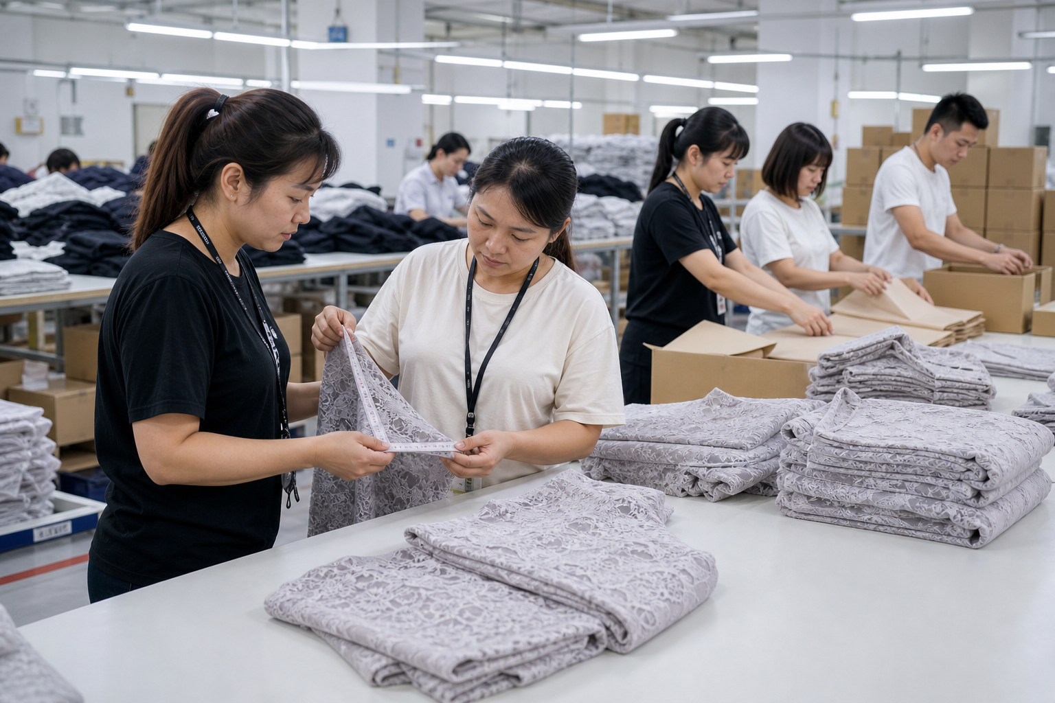 Quality inspection and packing team checking lingerie products
