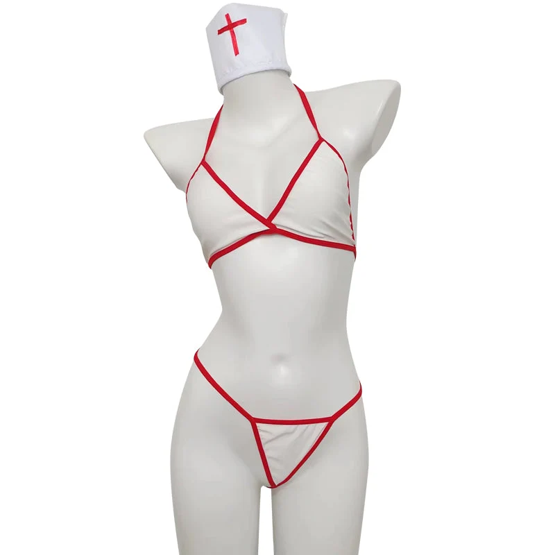 White Red-Trim Nurse Bikini Costume detail image 2