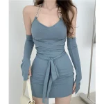 Blue Chain Halter Backless Dress
