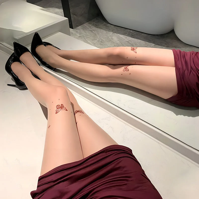 Butterfly Tattoo-Print Open-Crotch Pantyhose detail image 4