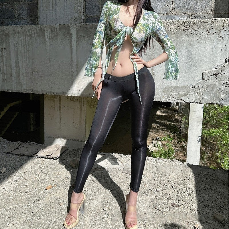 Glossy Open-Back Sheer Leggings detail image 2
