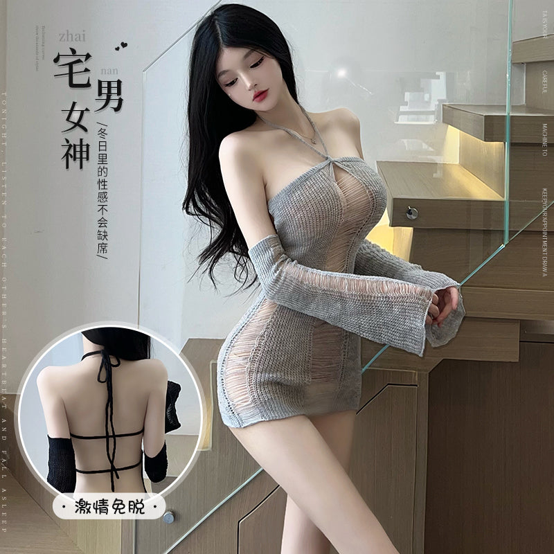 Cross-Strap Deep-V Backless Knit Lingerie Top