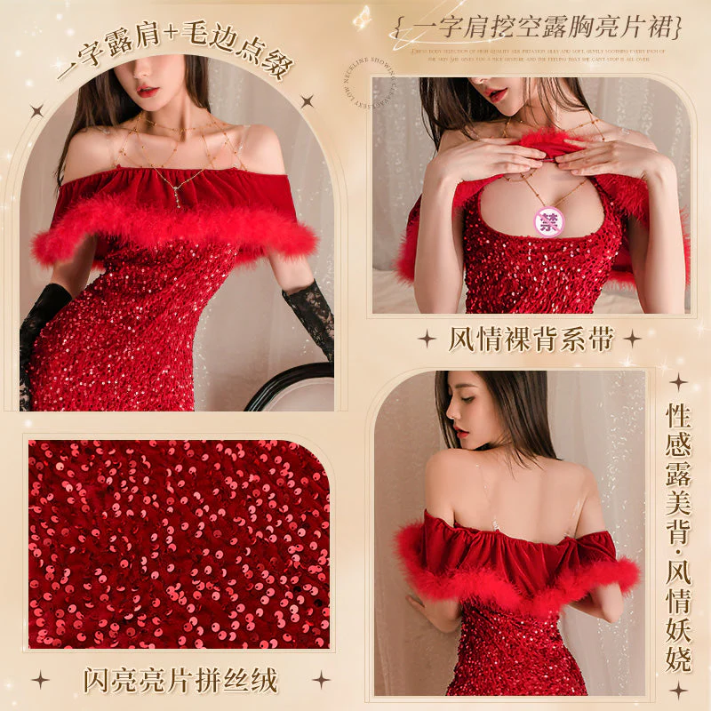 Red Sequin Off-Shoulder Mini Dress detail image 2