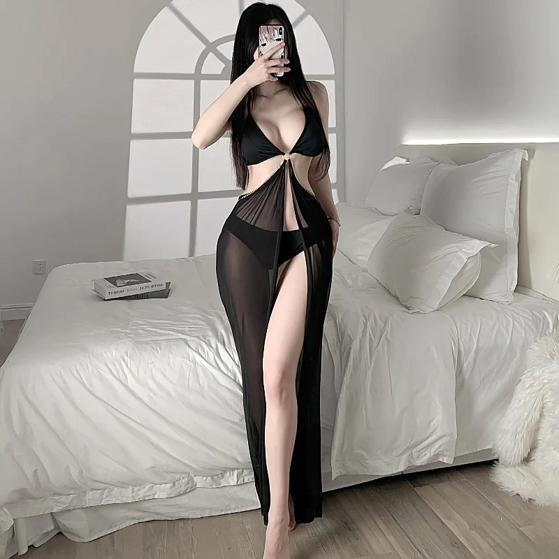 Black Sheer Deep-V Lingerie Dress Set