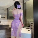 Purple Sheer Lace Qipao Dress