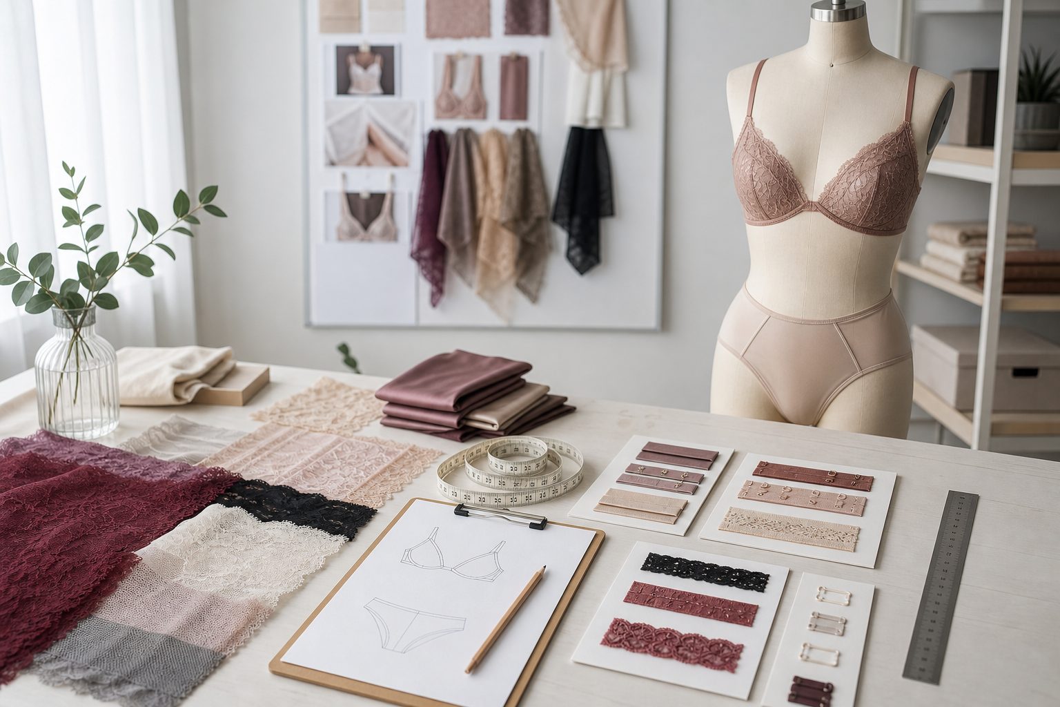 Lingerie supplier evaluation workspace with fabric swatches and sample review tools