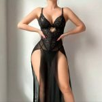 Wholesale black high-slit lace sheer maxi dress