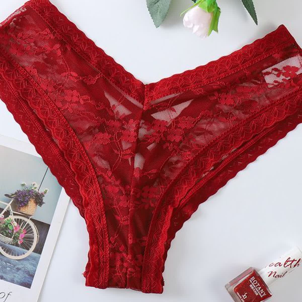 Red Sheer Lace Bikini Panty detail image 3