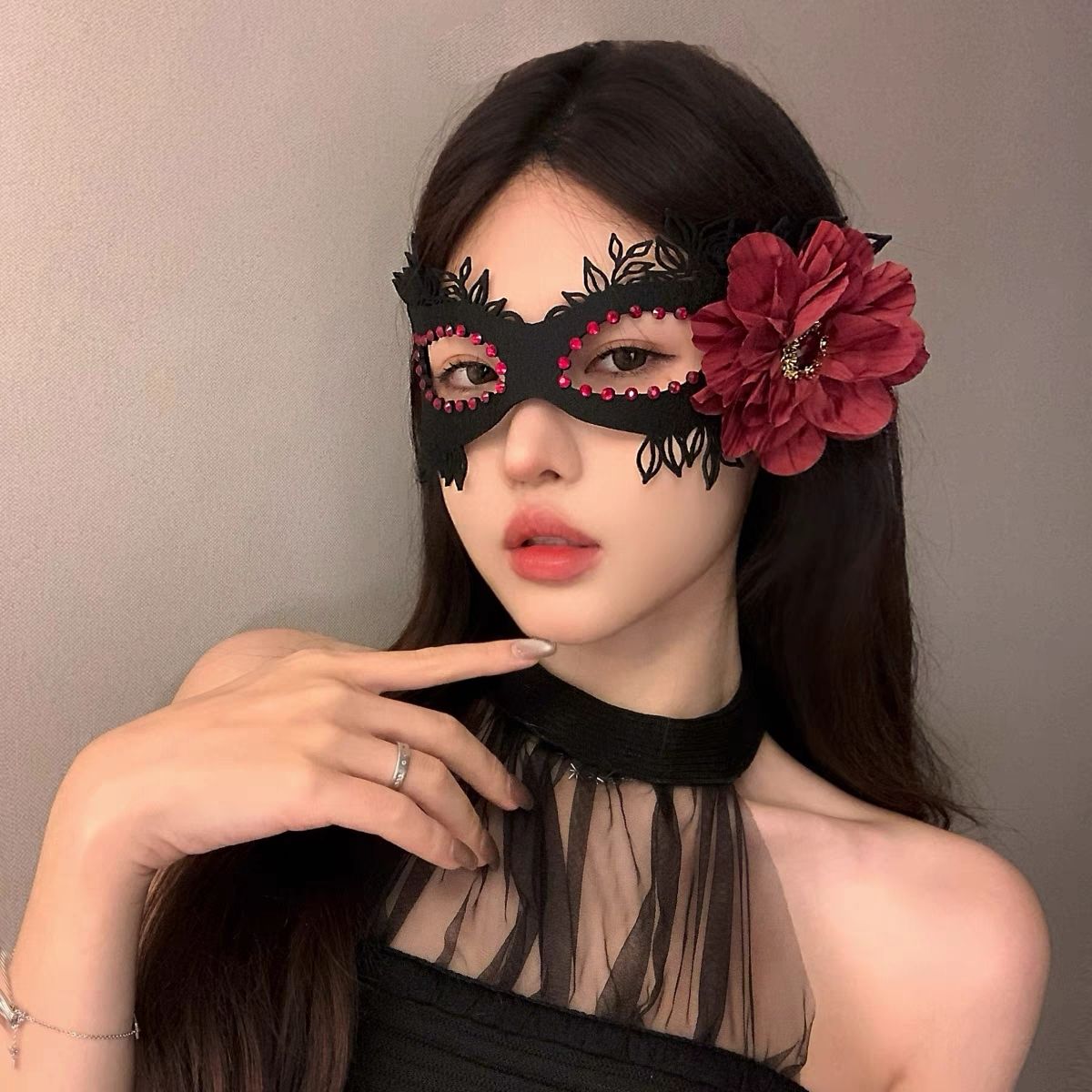 Detail view of Black Lace Cat-Ear Masquerade Mask