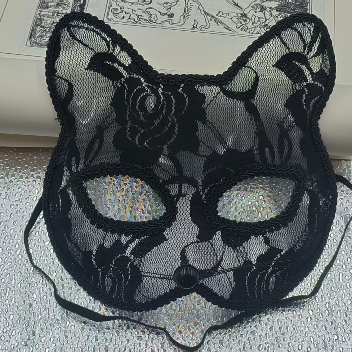 Detail view of Lace Catwoman Masquerade Mask