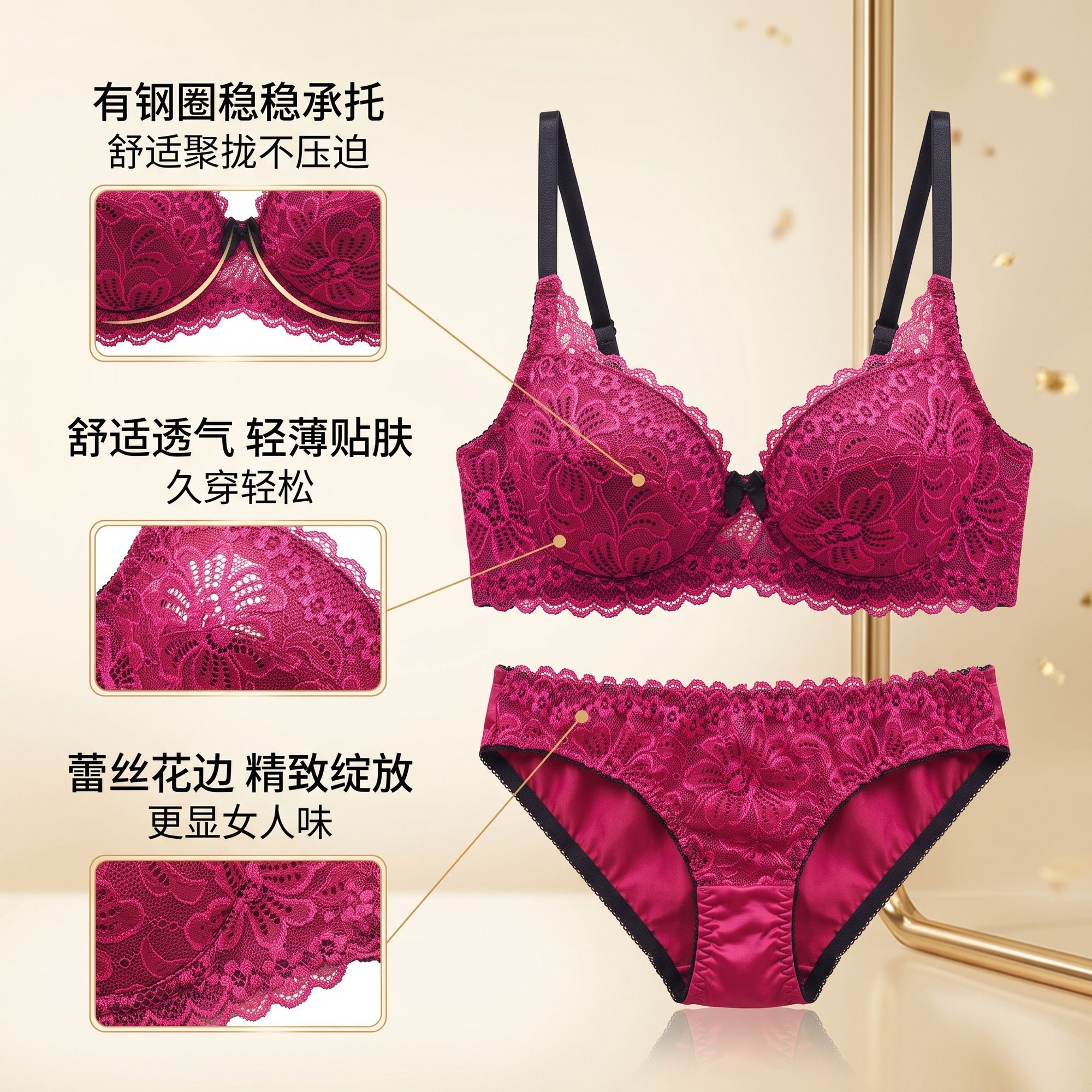 Detail view of Red Lace Underwire Bra and Panty Set