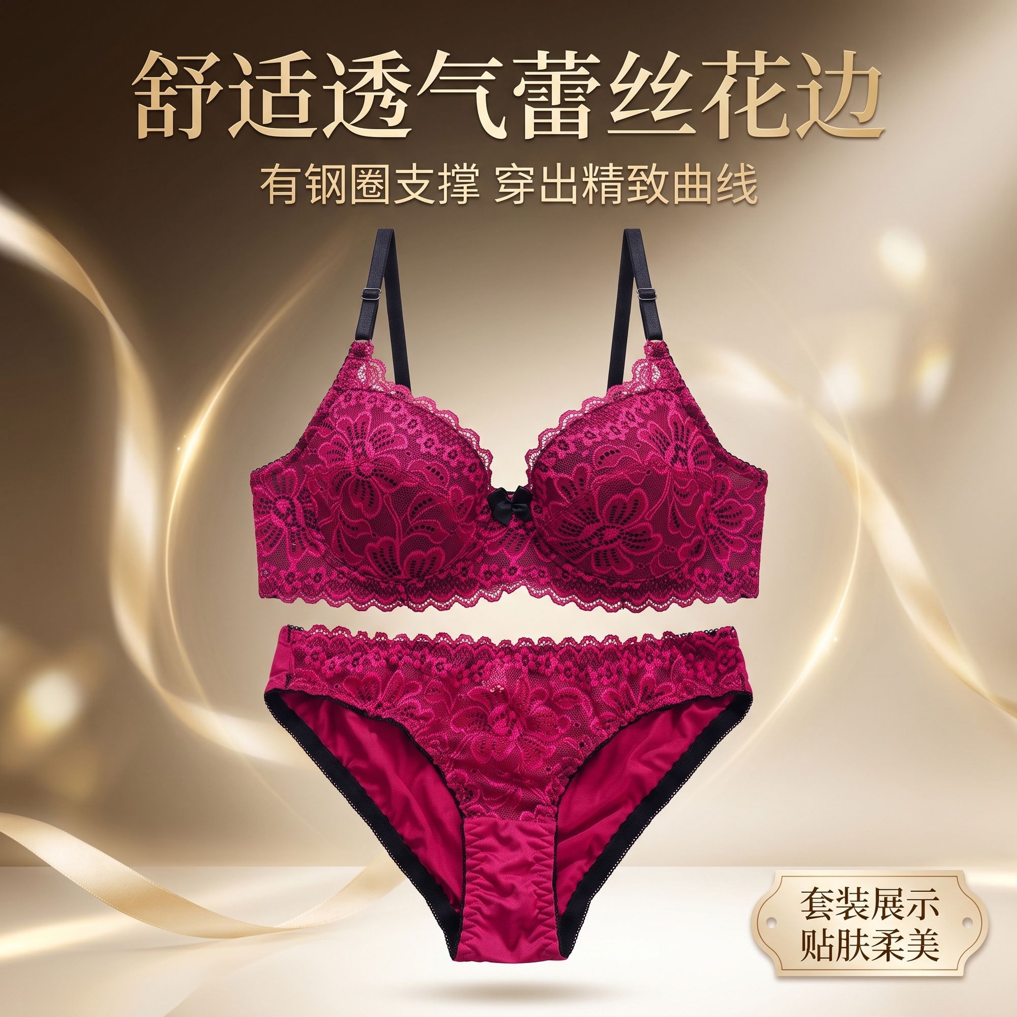 Detail view of Red Lace Underwire Bra and Panty Set