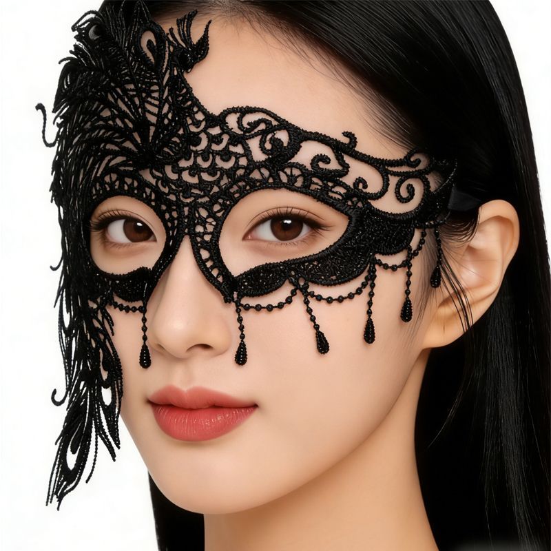 Detail view of Shaped Black Lace Masquerade Mask
